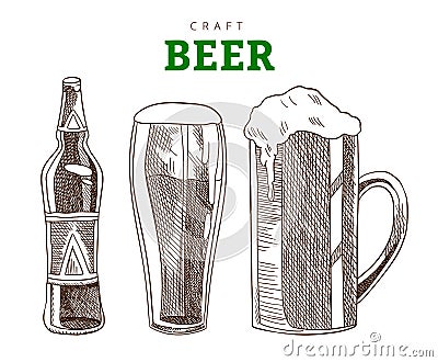 Beer mug, glass and bottle. Craft beer party, vintage vector engraving illustration. Hand drawn banner design Vector Illustration