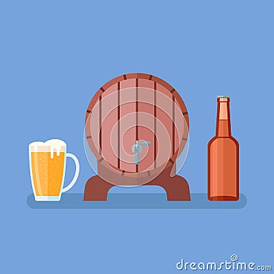 Beer mug, glass bottle and wooden barrel on blue background. Flat style. Vector Illustration