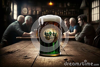 Beer mug of green irish beer against background of five men at table in pub on St. Patrick's day. Ai generative Stock Photo