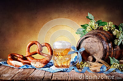 Beer Mug With Pretzel Stock Photo