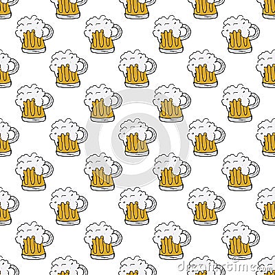 Beer Mug Seamless Pattern, Hand Drawn doodle background. Vector illustration Vector Illustration