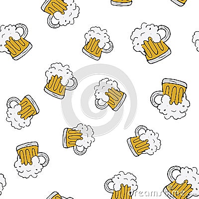 Beer Mug Seamless Pattern, Hand Drawn doodle background. Vector illustration Vector Illustration