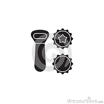 Beer opener, bottle caps black vector concept icon. Beer opener, bottle caps flat illustration, sign Vector Illustration