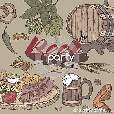 Beer party color template with beer keg and mug, hop branch, wheat, chips, nuts, chicken wings and snack plate. Vector Illustration