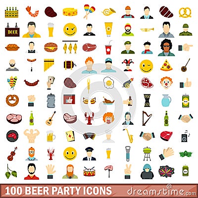 100 beer party icons set, flat style Vector Illustration