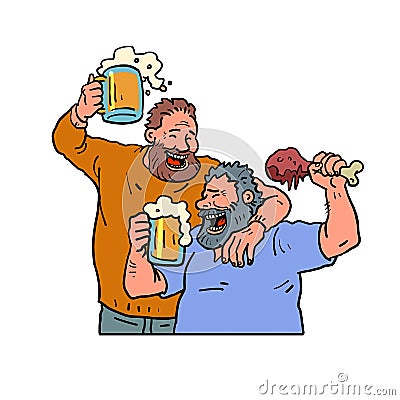 beer party, oktoberfest. Men eat meat and drink beer Vector Illustration