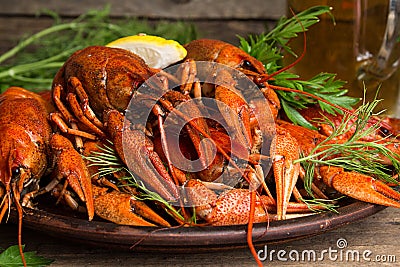 Beer party. Still life with glass of beer, crayfish crawfish aga Stock Photo