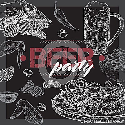 Beer party template with beer mug, chips, nuts, chicken wings and snack plate on black. Vector Illustration