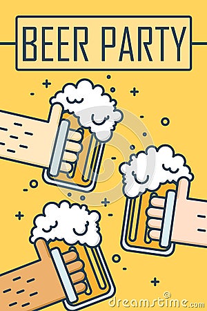 Beer party. Thin line flat design banner. Three hands holding beer glasses. Vector Vector Illustration