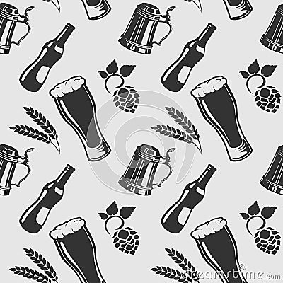 Beer pattern with beer bottle, glass, wheat and hops. Vector Illustration