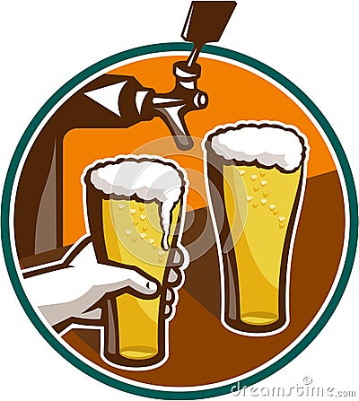 Beer Pint Glass Hand Tap Retro Vector Illustration