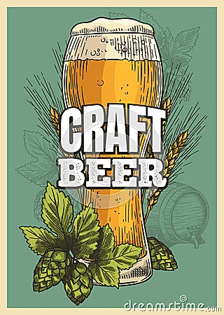 Beer poster. Beer glass, hop barley vintage style for invitation oktoberfest party or pub menu, sketch vector background Vector Illustration