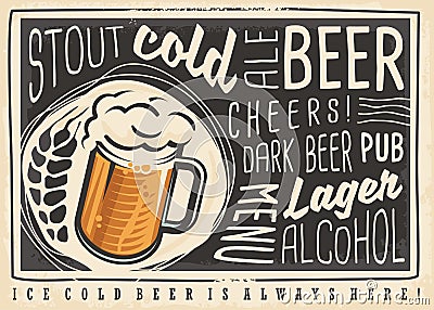 Beer poster menu with creative lettering and beer mug Vector Illustration