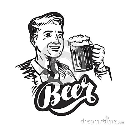 Beer or pub. Happy smiling man with mug of fresh ale. Vector illustration Vector Illustration