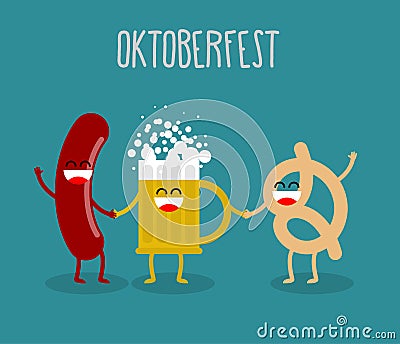 Beer, sausage and pretzel friends. Oktoberfest food. Holiday in Vector Illustration