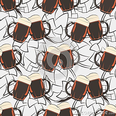 Beer seamless pattern with beer mugs and hops silhouetes Vector Illustration