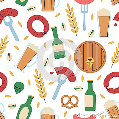 Beer seamless pattern. Brewery elements background. Oktoberfest food and drinks, wooden barrels and sausages. Trendy Vector Illustration