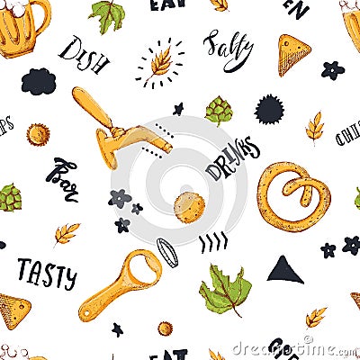 Beer seamless pattern with sketch mug, pretzel, wheat isolated on white background with lettering Vector Illustration