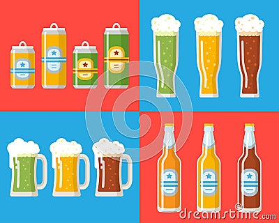 Beer set. A beer bottle, beer can, mug, glass. Vector Illustration