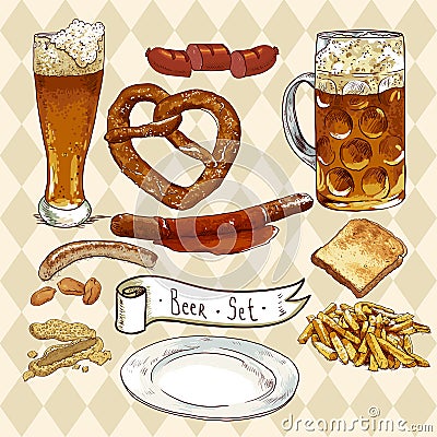 Beer Set with beer glasses, pretzel, sausages Vector Illustration