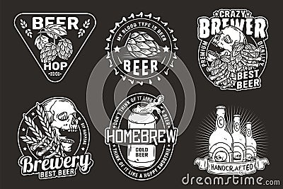 Beer set of designs with beer cap, can, hop, skeleton and bottle. Skull, beer glass, barly, bone hand and bottle for Vector Illustration