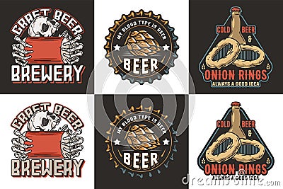 Beer set of emblems with skull and hop, cap. Skeleton with beer can in bone hands, beer bottle and onion ring for Vector Illustration