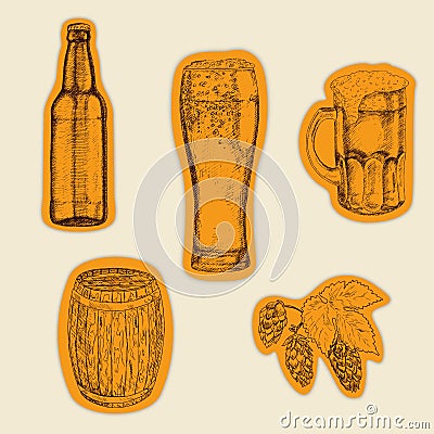 Beer set. Beer glasses and mug, hops, barrel and bottle. Hand drawn set of sticker Cartoon Illustration