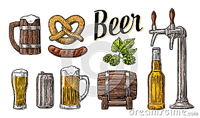 Beer set with tap, class, can, bottle, barrel, sausage, pretzel and hop. Vintage vector engraving illustration for web Vector Illustration