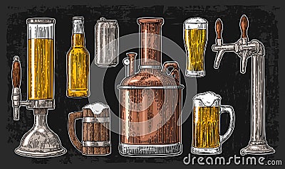 Beer set with tap, class, can, bottle and tanks from brewery factory. Vector Illustration