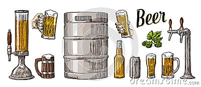 Beer set with two hands holding glasses mug and tap, can, keg, bottle. Vector Illustration