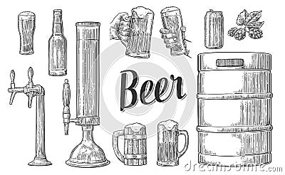 Beer set with two hands holding glasses mug and tap, can, keg, bottle. Vector Illustration