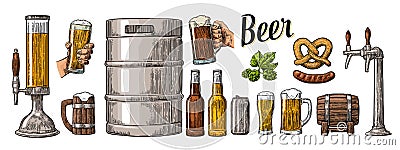 Beer set with two hands holding glasses mug and tap, can, keg, sausage, pretzel, bottle Vector Illustration