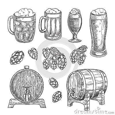 Beer sketch vector illustration. Glasses, mugs, hops, barrel hand drawn isolated elements for pub and bar design Vector Illustration