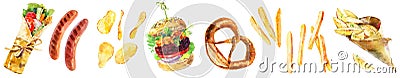 Beer snacks big set. Fastfood. Shawarma doner kebab, hamburger, pretzel, chips, french fries watercolor illustration Cartoon Illustration