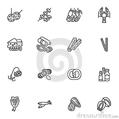 Beer snacks line icons set Vector Illustration