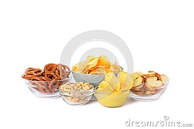 Beer snacks, potato crispy chips, nuts isolated on white background Stock Photo