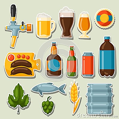 Beer stickers and objects set for design Vector Illustration