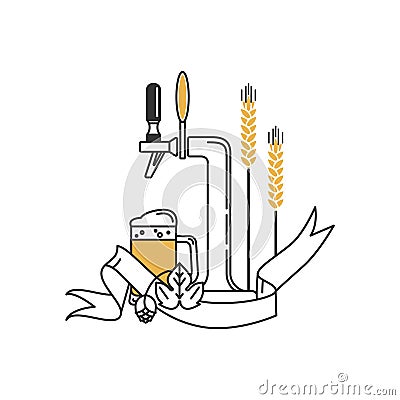 Beer tap, mug, hops, wheat and ribbon. Vector Illustration