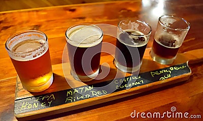 Beer tasting flights at brewery Stock Photo