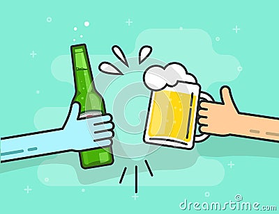 Beer toasting vector on blue background, hands holding glasses Vector Illustration