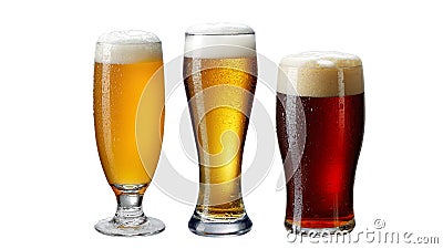Beer variety, Three beers in different glasses isolated on white background Clipping path Stock Photo