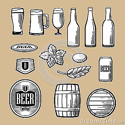 Beer vector flat icons set bottle, glass, barrel, pint Vector Illustration