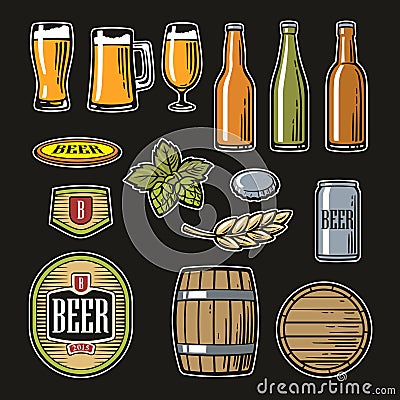 Beer vector flat icons set bottle, glass, barrel, pint Vector Illustration