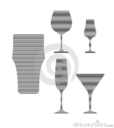 Beer wine, liquor, champagne, martini, and glass in minimalist linear style. Silhouette of glassware performed in the form of Vector Illustration