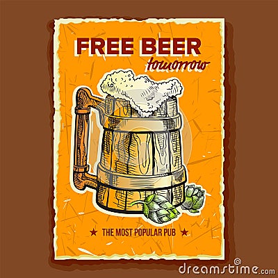 Beer Wooden Cup Brewery Advertising Banner Vector Vector Illustration