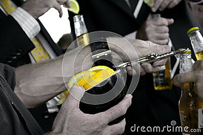 Beers at a party with lemon Stock Photo