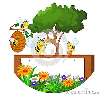 Bees cartoon holding flower and a beehive with blank sign Stock Photo