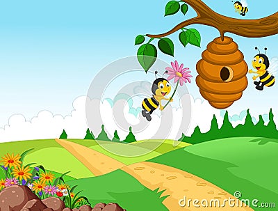 Bees cartoon holding flower and a beehive with forest background Stock Photo