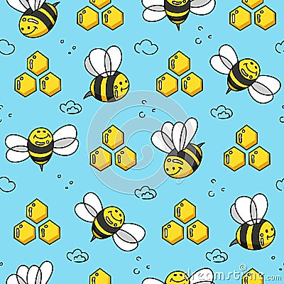 Bees cartoon pattern seamless vector flat background Vector Illustration