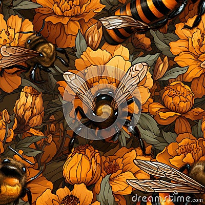 bees collecting honey on a flower field close-up Stock Photo